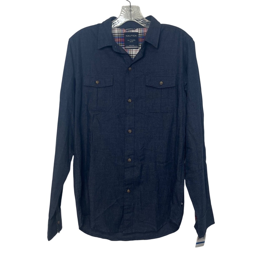 Nautica Shirt Boys XL 18/20 Navy Blue Long Sleeve Button Down Casual Classic New
